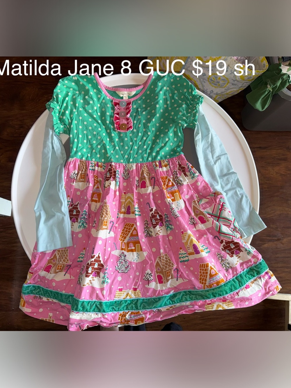 Matilda Jane Green & Pink Polka Dot Ruffle Dress with Glitter Buttons